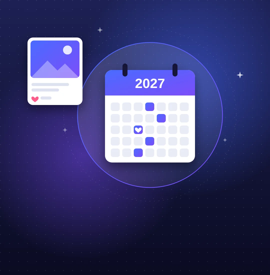Illustration: Kalenderblatt 2027 mit markierten Aktionstagen und Social-Media-Beiträgen