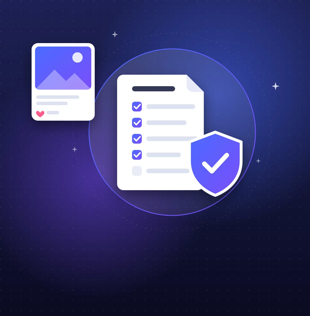 Illustration: Dokument mit Checkliste und Schutzschild für eine Social-Media-Richtlinie